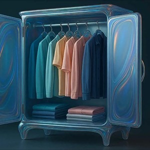 A digital wardrobe with clothes