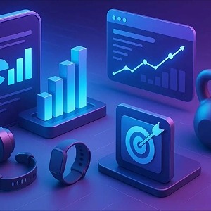 3D digital illustration showing blue-toned marketing and fitness analytics elements, including bar charts, growth graphs, a smartwatch, headphones, a kettlebell, and a target icon — representing data-driven fitness or health marketing strategies in a modern tech style.