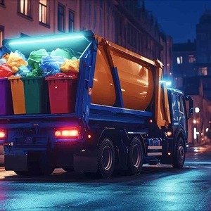 A brightly lit garbage truck collecting colorful waste bins on a city street at night, symbolizing efficient junk removal services and urban cleanliness.