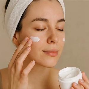 A woman applying cream on her face